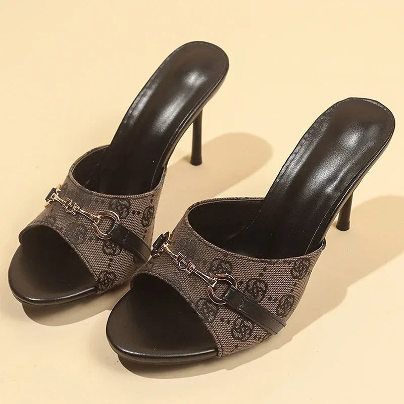 High Heel Sandals for Women 2025 Elegant Metal Buckle Slippers Women Printed Thin Heeled Sandals Woman Fashion Dress Party Shoes