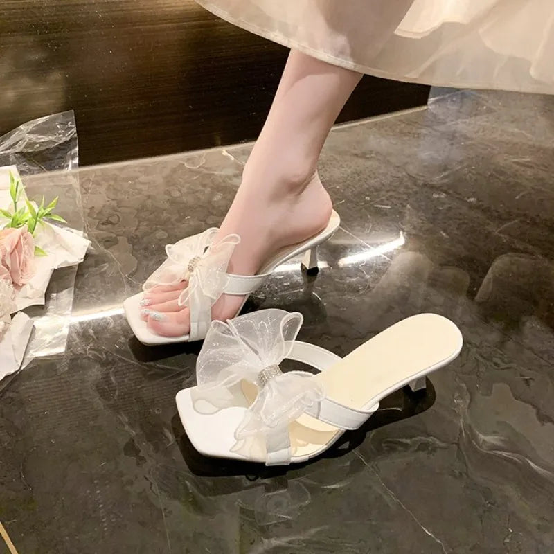 Women High Heels Shoes Lace Bow Square Toe Heel Lazy Sandals Fashion Slides Summer Outdoor Vacation High Heels Shoes for Women