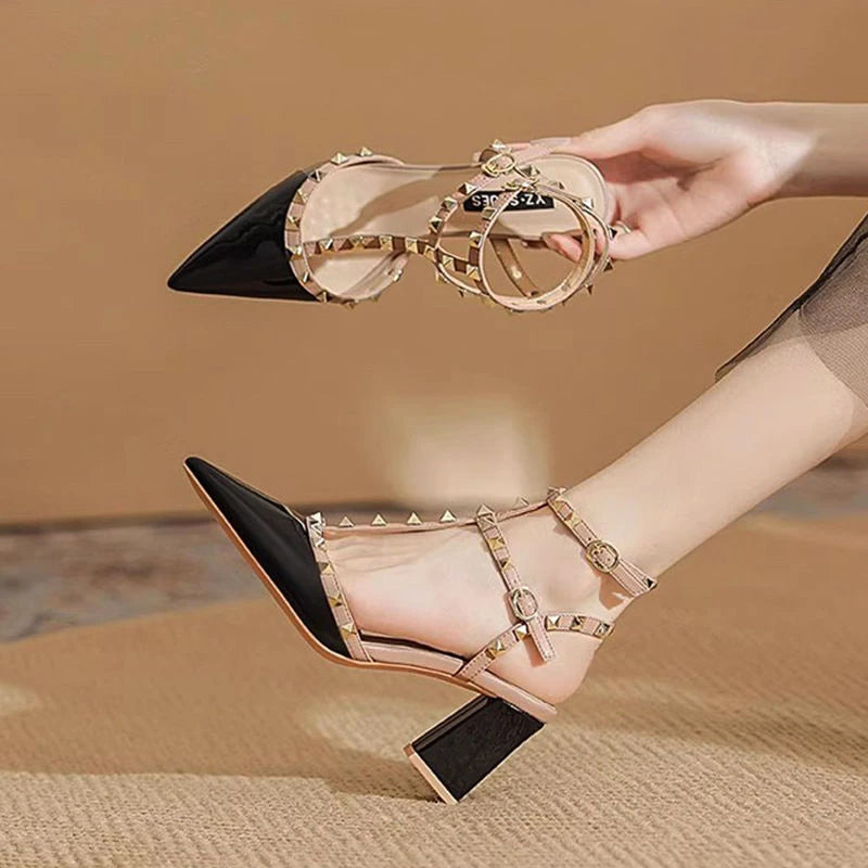 Women High Heels Fashion Comfortable Buckle Sandals Female Sandals Roman Pointed Rivets Party Sexy Shoes Sandalias De Mujer