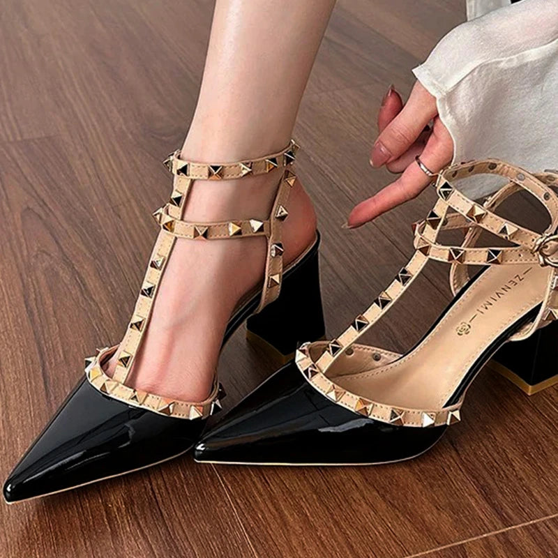 Women High Heels Fashion Comfortable Buckle Sandals Female Sandals Roman Pointed Rivets Party Sexy Shoes Sandalias De Mujer