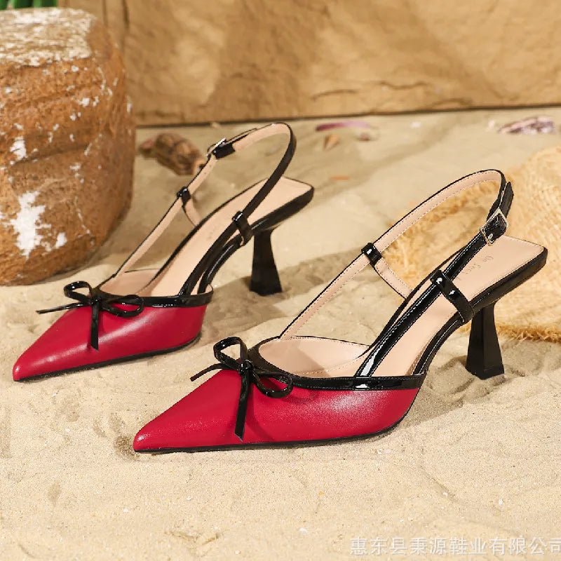 Sexy Heels Women Fashion Pointed Toe Bow Design Elegant Mule Sandal Summer Luxury Wedding Brand Bridal Shoe for Ladies Sandalias