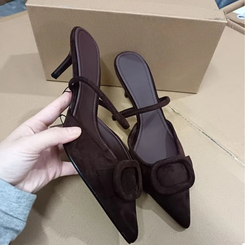 2026 High Heels Women Mules Shoes Elegant Brown Suede Pointed Toe Retro Summer Office Female Slingback Designe Modern Sandals