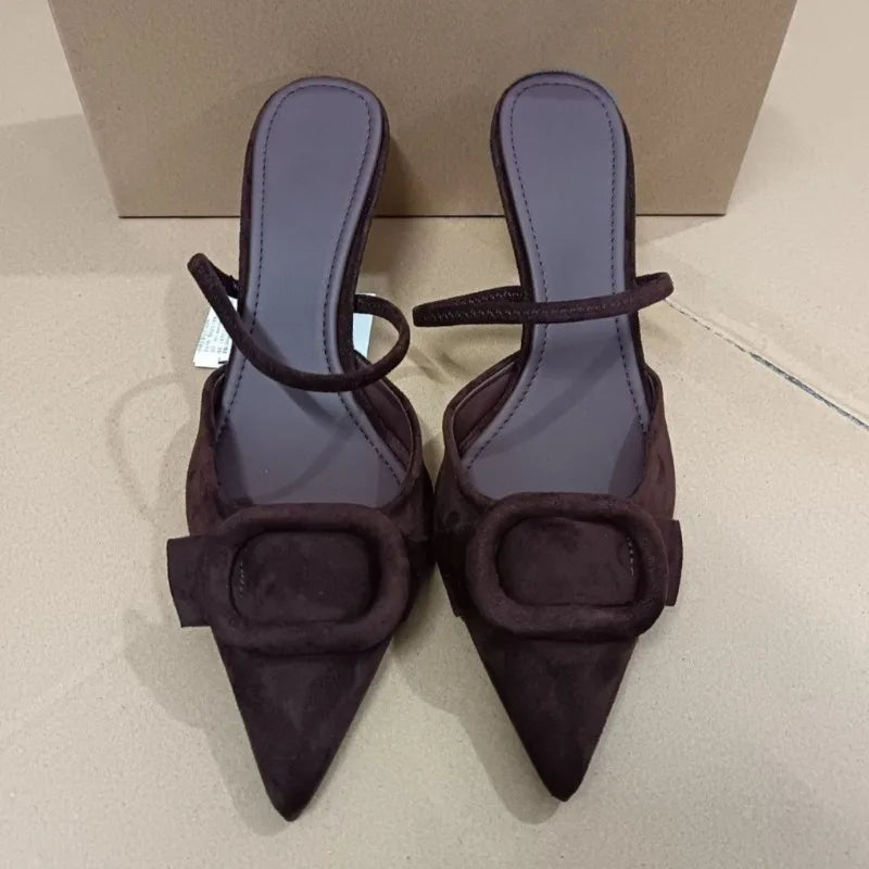 2026 High Heels Women Mules Shoes Elegant Brown Suede Pointed Toe Retro Summer Office Female Slingback Designe Modern Sandals