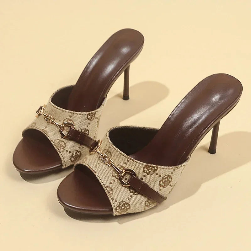 High Heel Sandals for Women 2025 Elegant Metal Buckle Slippers Women Printed Thin Heeled Sandals Woman Fashion Dress Party Shoes