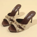 High Heel Sandals for Women 2025 Elegant Metal Buckle Slippers Women Printed Thin Heeled Sandals Woman Fashion Dress Party Shoes