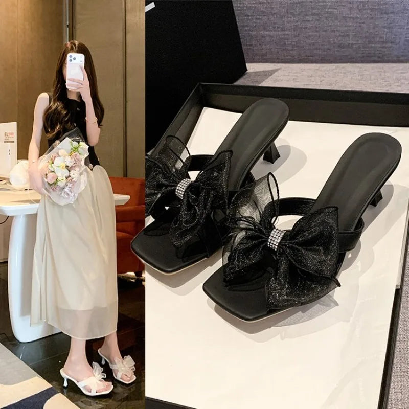 Women High Heels Shoes Lace Bow Square Toe Heel Lazy Sandals Fashion Slides Summer Outdoor Vacation High Heels Shoes for Women