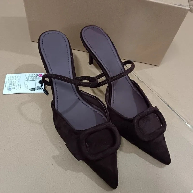 2026 High Heels Women Mules Shoes Elegant Brown Suede Pointed Toe Retro Summer Office Female Slingback Designe Modern Sandals