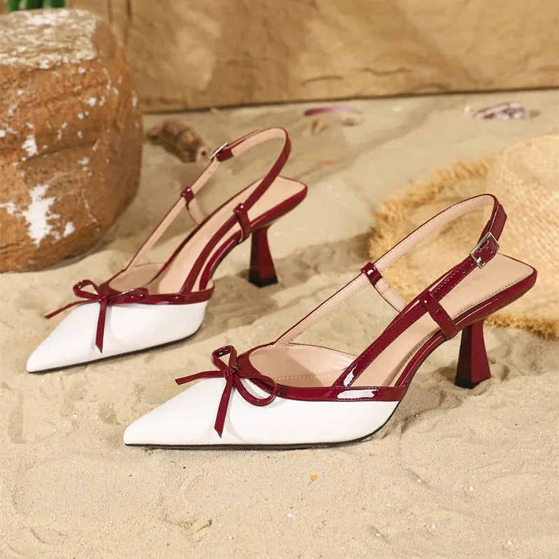 Sexy Heels Women Fashion Pointed Toe Bow Design Elegant Mule Sandal Summer Luxury Wedding Brand Bridal Shoe for Ladies Sandalias