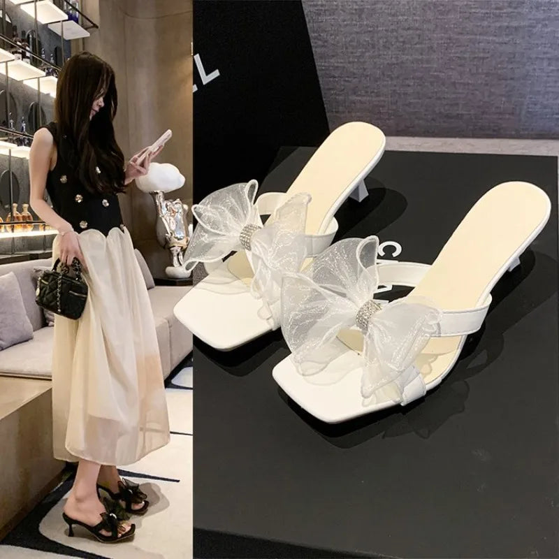 Women High Heels Shoes Lace Bow Square Toe Heel Lazy Sandals Fashion Slides Summer Outdoor Vacation High Heels Shoes for Women