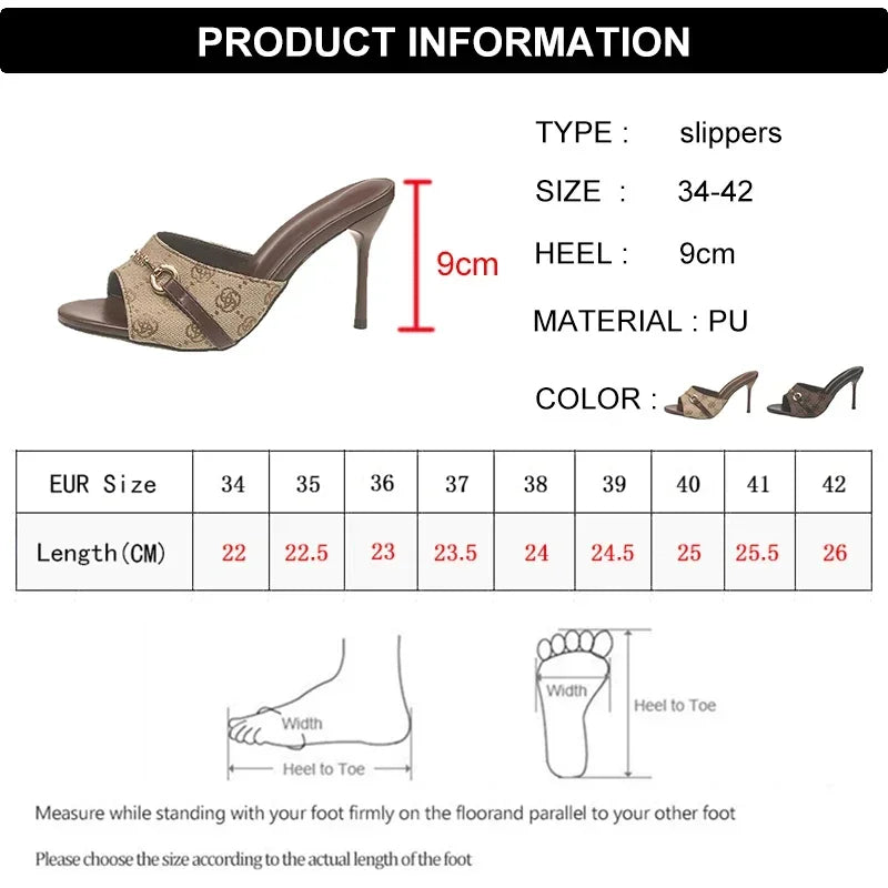 High Heel Sandals for Women 2025 Elegant Metal Buckle Slippers Women Printed Thin Heeled Sandals Woman Fashion Dress Party Shoes