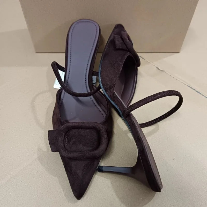 2026 High Heels Women Mules Shoes Elegant Brown Suede Pointed Toe Retro Summer Office Female Slingback Designe Modern Sandals