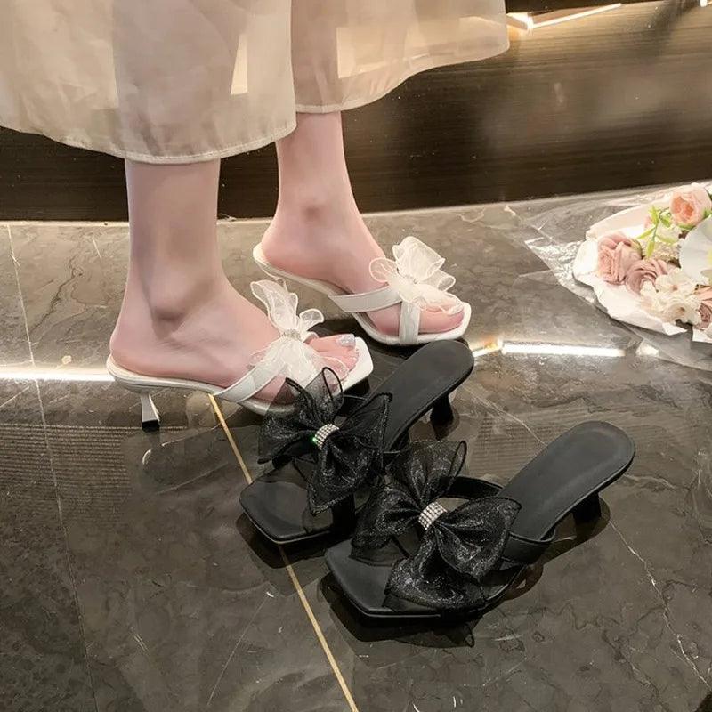 Women High Heels Shoes Lace Bow Square Toe Heel Lazy Sandals Fashion Slides Summer Outdoor Vacation High Heels Shoes for Women